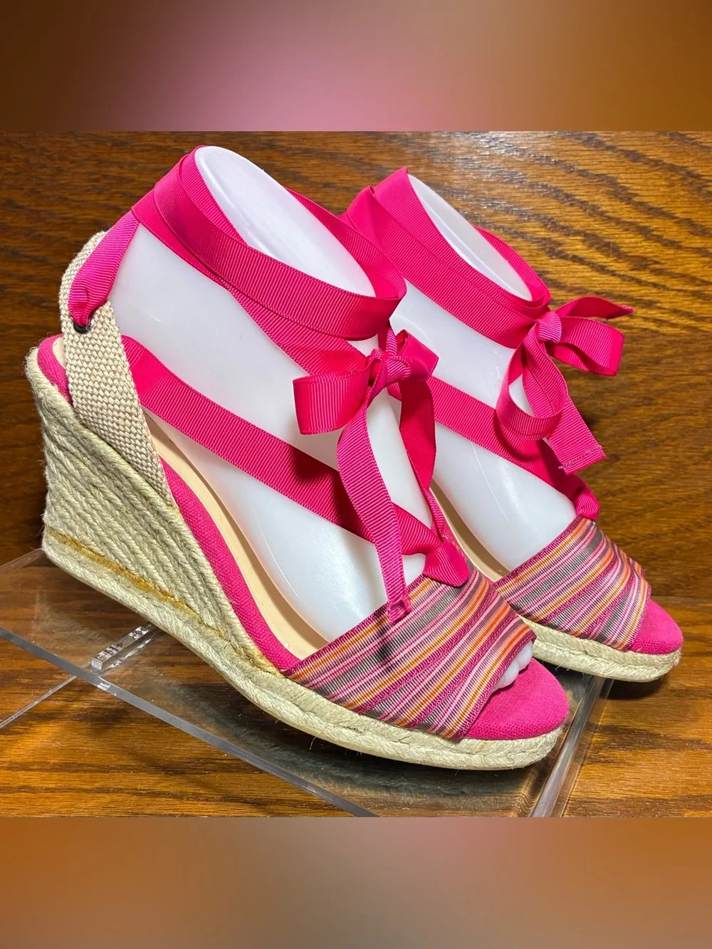 Talbots Pink Ribbon Ankle Wrap Espadrille Wedge Sandals Size 7